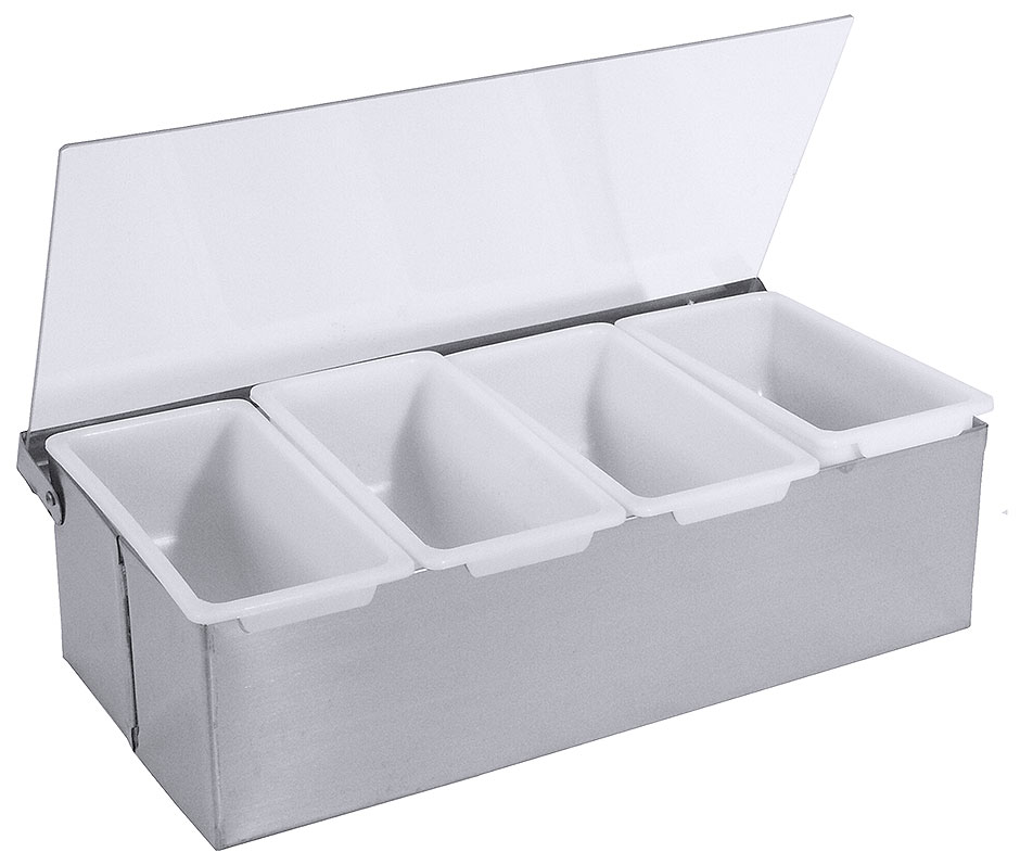 Zutatenbehälter aus Edelstahl - Maße 30,0 x 8,5 cm - 4 x 0,5 Liter Zutatenbehälter aus Edelstahl - Maße 30,0 x 8,5 cm - 4 x 0,5 Liter